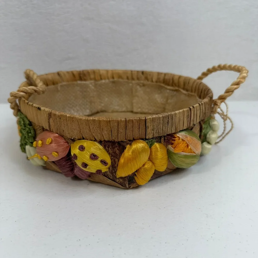 Vintage Woven Straw Basket Mushrooms‎ Vegetable Fruit Raffia Philippines Boho